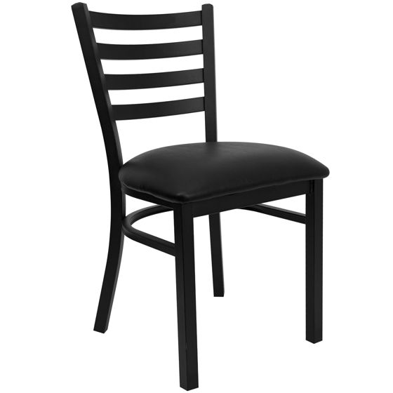 HERCULES Series Black Ladder Back Metal Restaurant Chair - Black Vinyl Seat XU-DG694BLAD-BLKV-GG