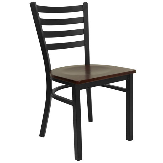 HERCULES Series Black Ladder Back Metal Restaurant Chair - Mahogany Wood Seat XU-DG694BLAD-MAHW-GG