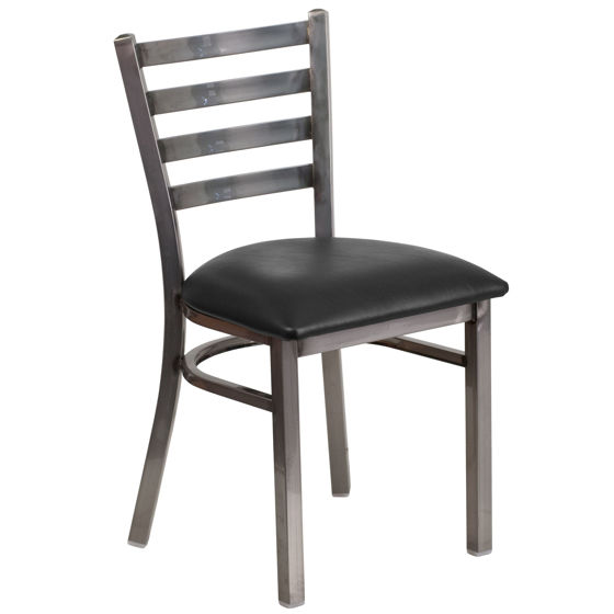 HERCULES Series Clear Coated Ladder Back Metal Restaurant Chair - Black Vinyl Seat XU-DG694BLAD-CLR-BLKV-GG