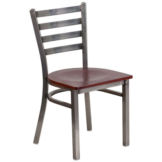 HERCULES Series Clear Coated Ladder Back Metal Restaurant Chair - Mahogany Wood Seat XU-DG694BLAD-CLR-MAHW-GG