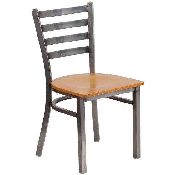 HERCULES Series Clear Coated Ladder Back Metal Restaurant Chair - Natural Wood Seat XU-DG694BLAD-CLR-NATW-GG