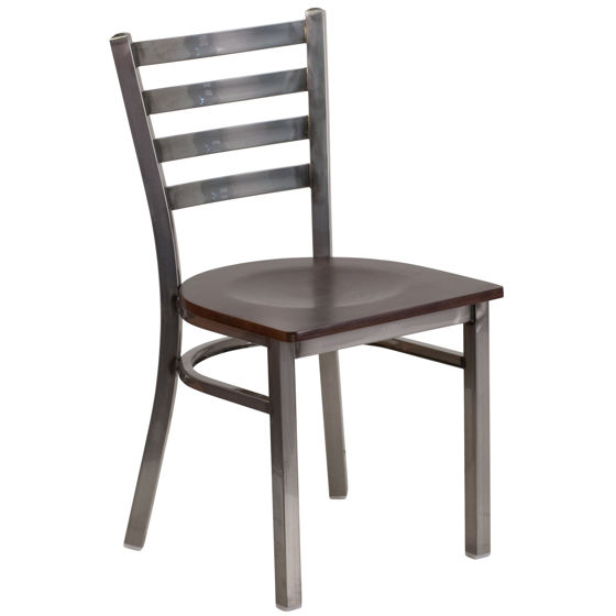 HERCULES Series Clear Coated Ladder Back Metal Restaurant Chair - Walnut Wood Seat XU-DG694BLAD-CLR-WALW-GG