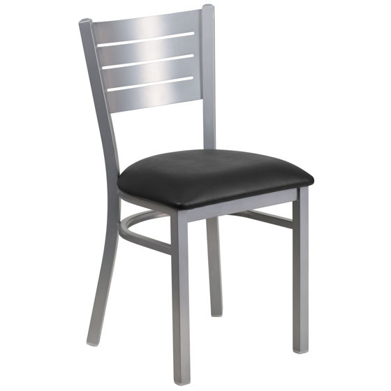 HERCULES Series Silver Slat Back Metal Restaurant Chair - Black Vinyl Seat XU-DG-60401-BLKV-GG