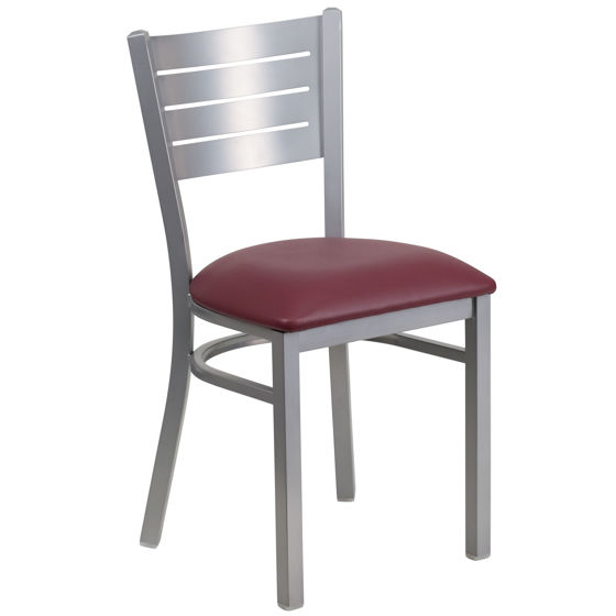 HERCULES Series Silver Slat Back Metal Restaurant Chair - Burgundy Vinyl Seat XU-DG-60401-BURV-GG