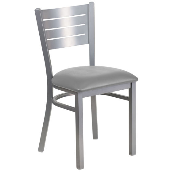 HERCULES Series Silver Slat Back Metal Restaurant Chair - Custom Upholstered Seat XU-DG-60401-UNP-GG