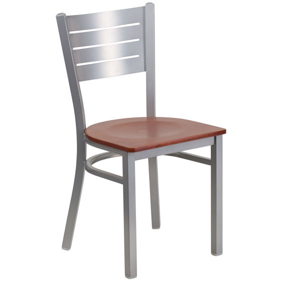 HERCULES Series Silver Slat Back Metal Restaurant Chair - Cherry Wood Seat XU-DG-60401-CHYW-GG