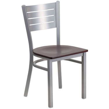 HERCULES Series Silver Slat Back Metal Restaurant Chair - Mahogany Wood Seat XU-DG-60401-MAHW-GG