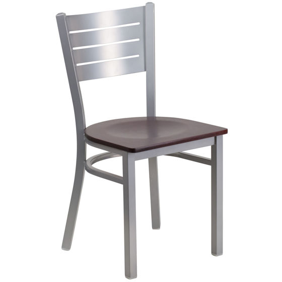 HERCULES Series Silver Slat Back Metal Restaurant Chair - Mahogany Wood Seat XU-DG-60401-MAHW-GG