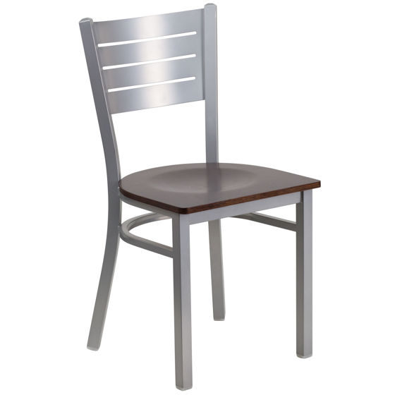 HERCULES Series Silver Slat Back Metal Restaurant Chair - Walnut Wood Seat XU-DG-60401-WALW-GG