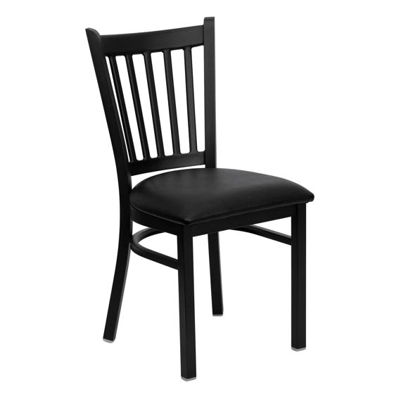 HERCULES Series Black Vertical Back Metal Restaurant Chair - Black Vinyl Seat XU-DG-6Q2B-VRT-BLKV-GG