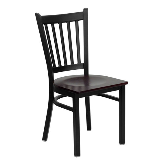 HERCULES Series Black Vertical Back Metal Restaurant Chair - Mahogany Wood Seat  XU-DG-6Q2B-VRT-MAHW-GG