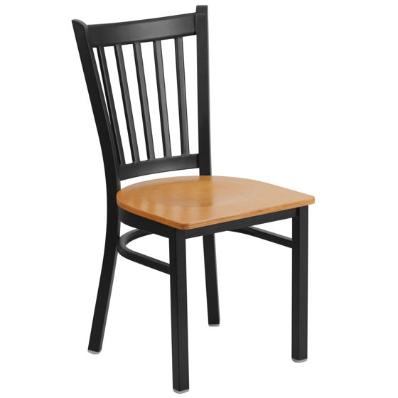 HERCULES Series Black Vertical Back Metal Restaurant Chair - Natural Wood Seat XU-DG-6Q2B-VRT-NATW-GG
