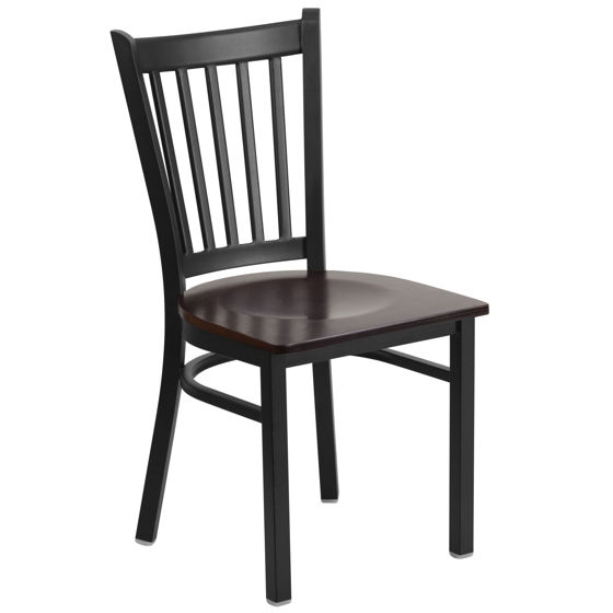 HERCULES Series Black Vertical Back Metal Restaurant Chair - Walnut Wood Seat XU-DG-6Q2B-VRT-WALW-GG