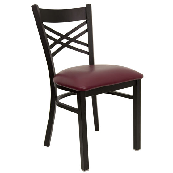 HERCULES Series Black ''X'' Back Metal Restaurant Chair - Burgundy Vinyl Seat XU-6FOBXBK-BURV-GG