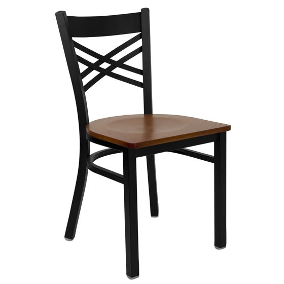 HERCULES Series Black ''X'' Back Metal Restaurant Chair - Cherry Wood Seat XU-6FOBXBK-CHYW-GG