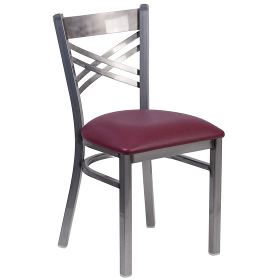 HERCULES Series Clear Coated ''X'' Back Metal Restaurant Chair - Burgundy Vinyl Seat XU-6FOB-CLR-BURV-GG