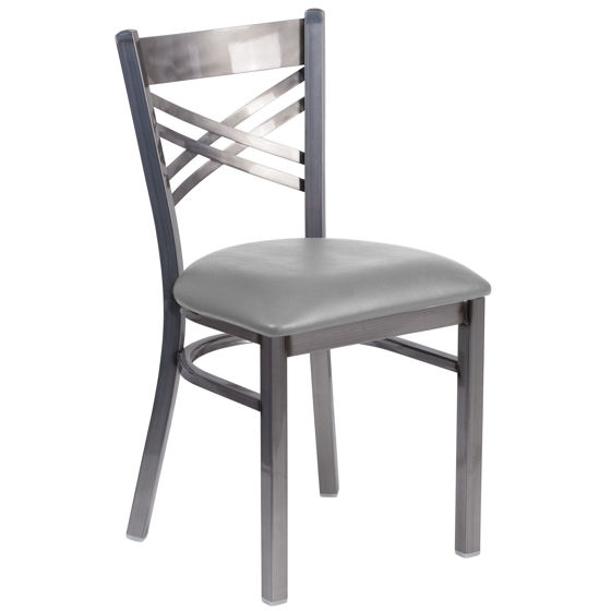 HERCULES Series Clear Coated ''X'' Back Metal Restaurant Chair - Custom Upholstered Seat XU-6FOB-CLR-UNP-GG