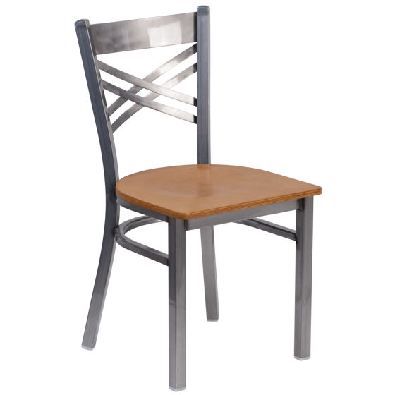 HERCULES Series Clear Coated ''X'' Back Metal Restaurant Chair - Natural Wood Seav XU-6FOB-CLR-NATW-GG