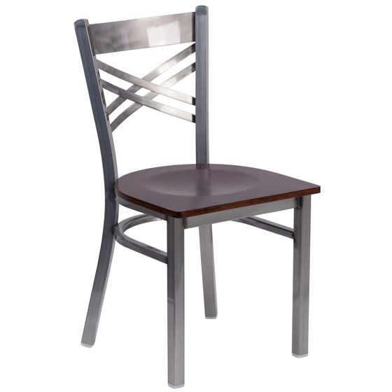 HERCULES Series Clear Coated ''X'' Back Metal Restaurant Chair - Walnut Wood Seat XU-6FOB-CLR-WALW-GG
