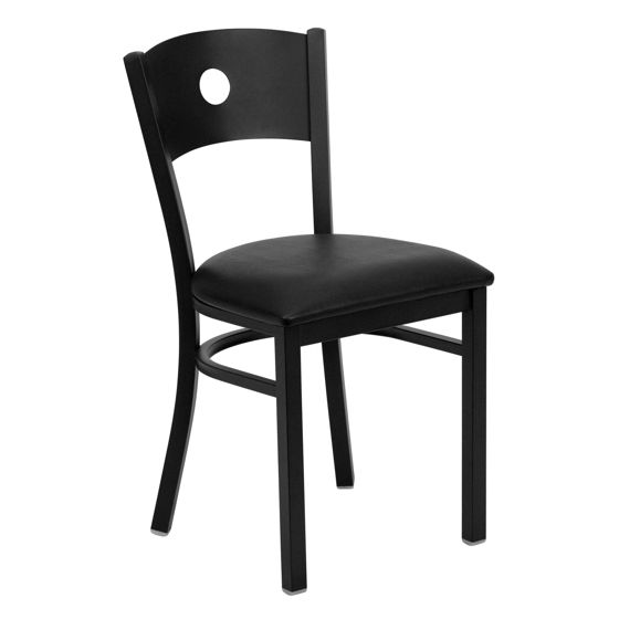 HERCULES Series Black Circle Back Metal Restaurant Chair - Black Vinyl Seat XU-DG-60119-CIR-BLKV-GG