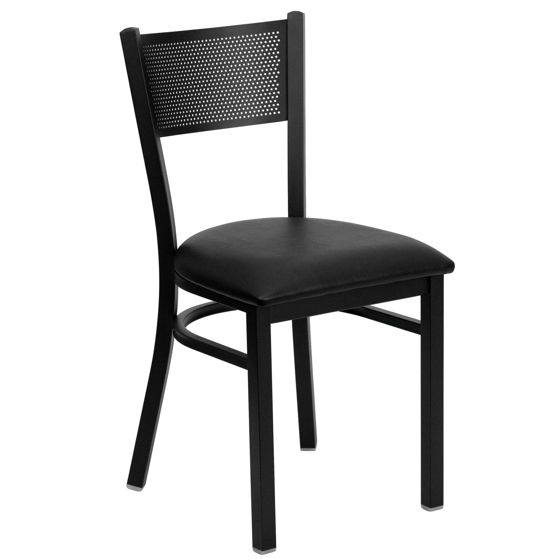 HERCULES Series Black Grid Back Metal Restaurant Chair - Black Vinyl Seat XU-DG-60115-GRD-BLKV-GG