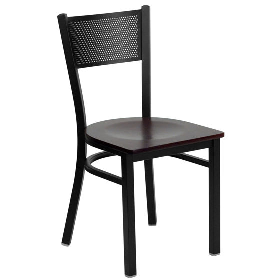 HERCULES Series Black Grid Back Metal Restaurant Chair - Mahogany Wood Seat XU-DG-60115-GRD-MAHW-GG