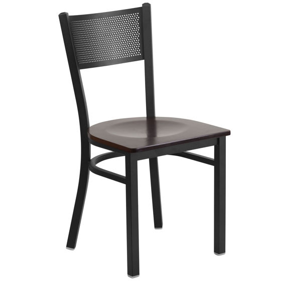 HERCULES Series Black Grid Back Metal Restaurant Chair - Walnut Wood Seat XU-DG-60115-GRD-WALW-GG