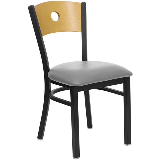 HERCULES Series Black Circle Back Metal Restaurant Chair - Natural Wood Back, Custom Upholstered Seat XU-DG-6F2B-CIR-UNP-GG