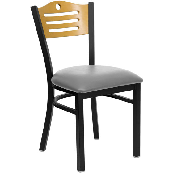 HERCULES Series Black Slat Back Metal Restaurant Chair - Natural Wood Back, Custom Upholstered Seat XU-DG-6G7B-SLAT-UNP-GG