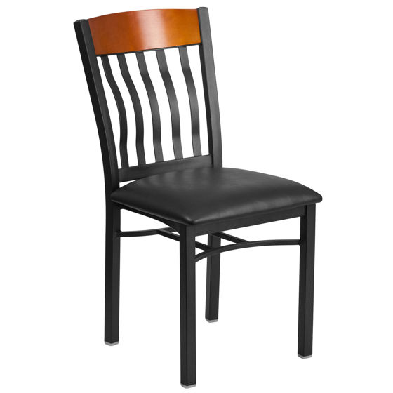 Eclipse Series Vertical Back Black Metal and Cherry Wood Restaurant Chair with Black Vinyl Seat XU-DG-60618-CHY-BLKV-GG