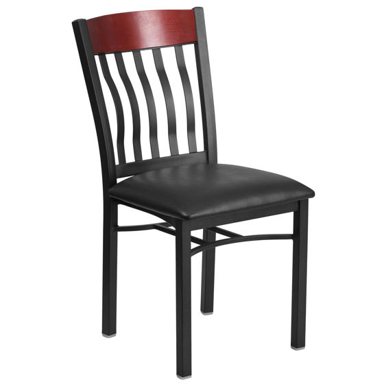 Eclipse Series Vertical Back Black Metal and Mahogany Wood Restaurant Chair with Black Vinyl Seat XU-DG-60618-MAH-BLKV-GG