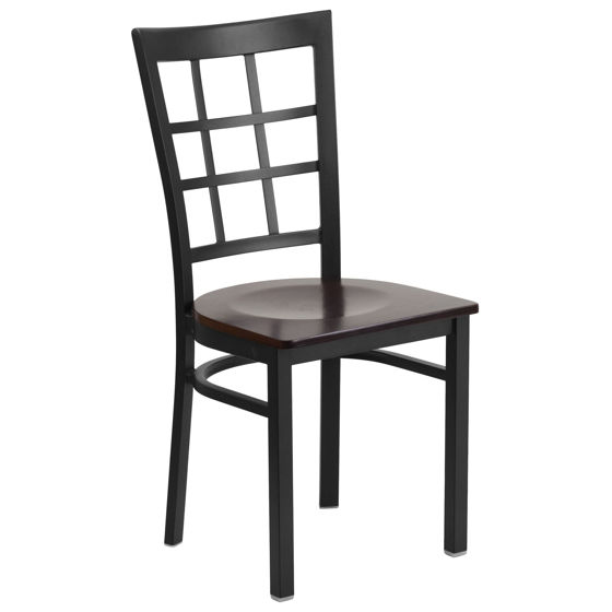 HERCULES Series Black Window Back Metal Restaurant Chair - Walnut Wood Seat XU-DG6Q3BWIN-WALW-GG