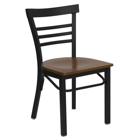 HERCULES Series Black Three-Slat Ladder Back Metal Restaurant Chair - Cherry Wood Seat XU-DG6Q6B1LAD-CHYW-GG