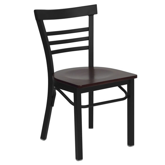 HERCULES Series Black Three-Slat Ladder Back Metal Restaurant Chair - Mahogany Wood Seat XU-DG6Q6B1LAD-MAHW-GG