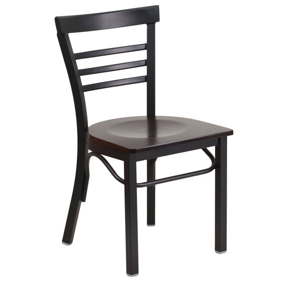 HERCULES Series Black Three-Slat Ladder Back Metal Restaurant Chair - Walnut Wood Seat XU-DG6Q6B1LAD-WALW-GG