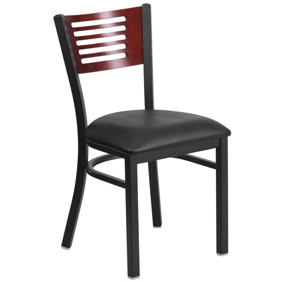 HERCULES Series Black Slat Back Metal Restaurant Chair - Mahogany Wood Back, Black Vinyl Seat XU-DG-6G5B-MAH-BLKV-GG