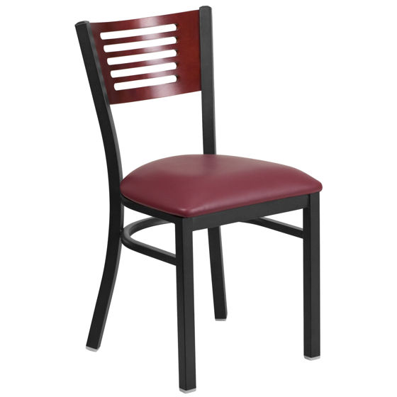 HERCULES Series Black Slat Back Metal Restaurant Chair - Mahogany Wood Back, Burgundy Vinyl Seat XU-DG-6G5B-MAH-BURV-GG