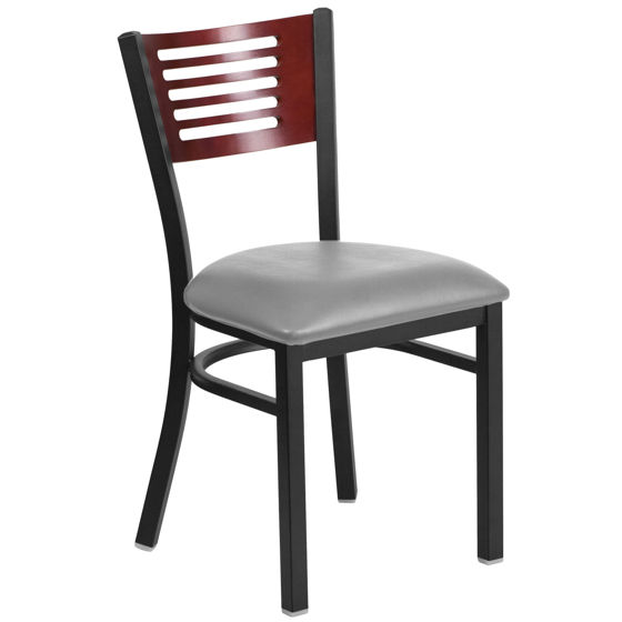 HERCULES Series Black Slat Back Metal Restaurant Chair - Mahogany Wood Back, Custom Upholstered Seat XU-DG-6G5B-MAH-UNP-GG