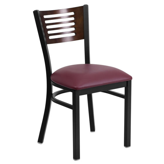 HERCULES Series Black Slat Back Metal Restaurant Chair - Walnut Wood Back, Burgundy Vinyl Seat XU-DG-6G5B-WAL-BURV-GG