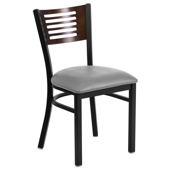 HERCULES Series Black Slat Back Metal Restaurant Chair - Walnut Wood Back, Custom Upholstered Seat XU-DG-6G5B-WAL-UNP-GG