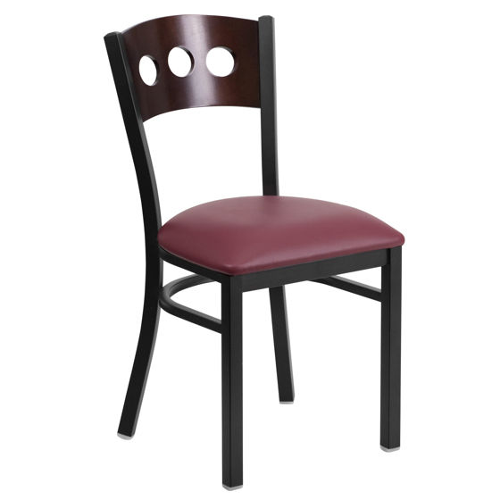HERCULES Series Black 3 Circle Back Metal Restaurant Chair - Walnut Wood Back, Burgundy Vinyl Seat XU-DG-6Y2B-WAL-BURV-GG