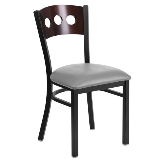 HERCULES Series Black 3 Circle Back Metal Restaurant Chair - Walnut Wood Back, Custom Upholstered Seat XU-DG-6Y2B-WAL-UNP-GG