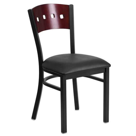 HERCULES Series Black 4 Square Back Metal Restaurant Chair - Mahogany Wood Back, Black Vinyl Seat XU-DG-6Y1B-MAH-BLKV-GG