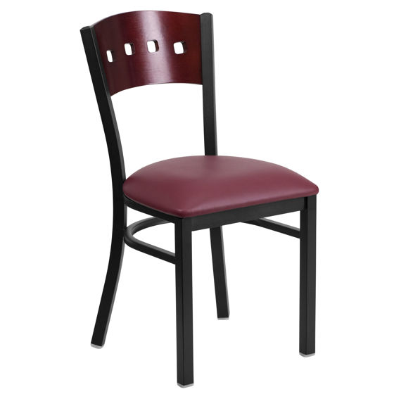 HERCULES Series Black 4 Square Back Metal Restaurant Chair - Mahogany Wood Back, Burgundy Vinyl Seat XU-DG-6Y1B-MAH-BURV-GG