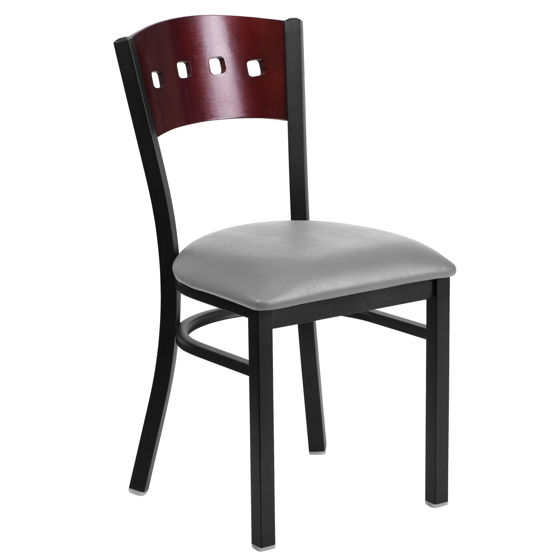HERCULES Series Black 4 Square Back Metal Restaurant Chair - Mahogany Wood Back, Custom Upholstered Seat XU-DG-6Y1B-MAH-UNP-GG