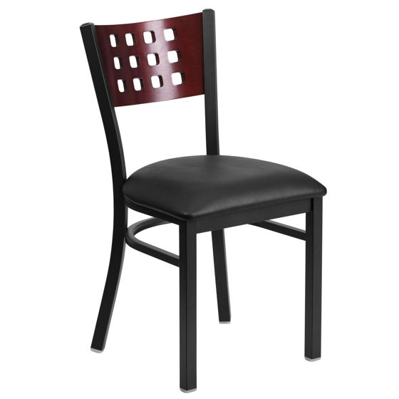 HERCULES Series Black Cutout Back Metal Restaurant Chair - Mahogany Wood Back, Black Vinyl Seat XU-DG-60117-MAH-BLKV-GG
