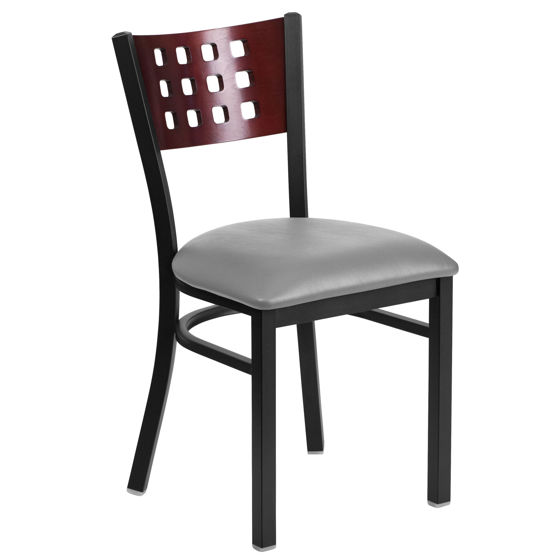HERCULES Series Black Cutout Back Metal Restaurant Chair - Mahogany Wood Back, Custom Upholstered Seat XU-DG-60117-MAH-UNP-GG