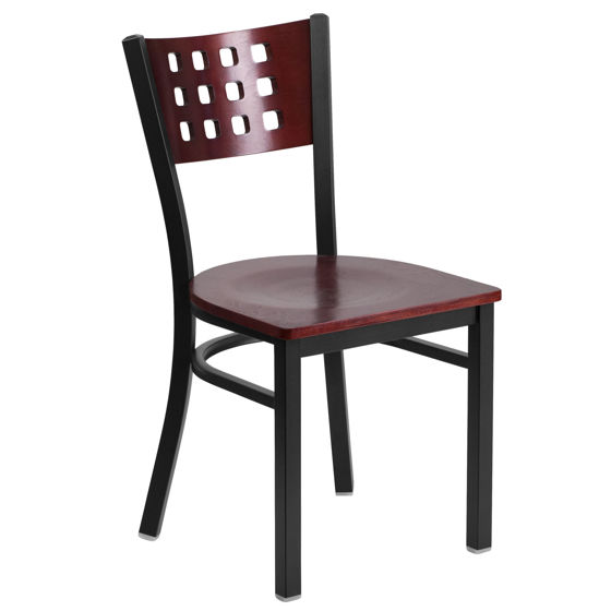 HERCULES Series Black Cutout Back Metal Restaurant Chair - Mahogany Wood Back & Seat XU-DG-60117-MAH-MTL-GG