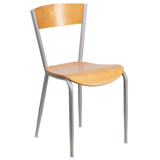 Invincible Series Silver Metal Restaurant Chair - Natural Wood Back & Seat XU-DG-60217-NAT-GG