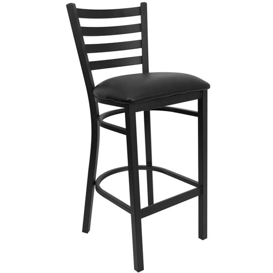 HERCULES Series Black Ladder Back Metal Restaurant Barstool - Black Vinyl Seat XU-DG697BLAD-BAR-BLKV-GG